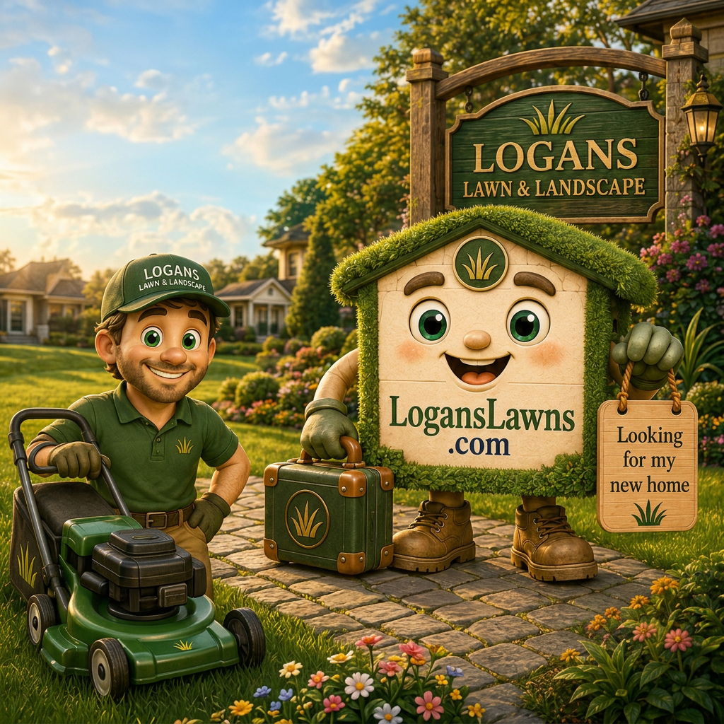 Illustrated lawn-care scene with a friendly lawn-service worker pushing a mower across a freshly striped lawn beside the grass-covered NewHomeDomains house mascot holding a suitcase and a wooden 'looking for my new home' tag, in front of a LOGANS Lawn & Landscape LLC sign